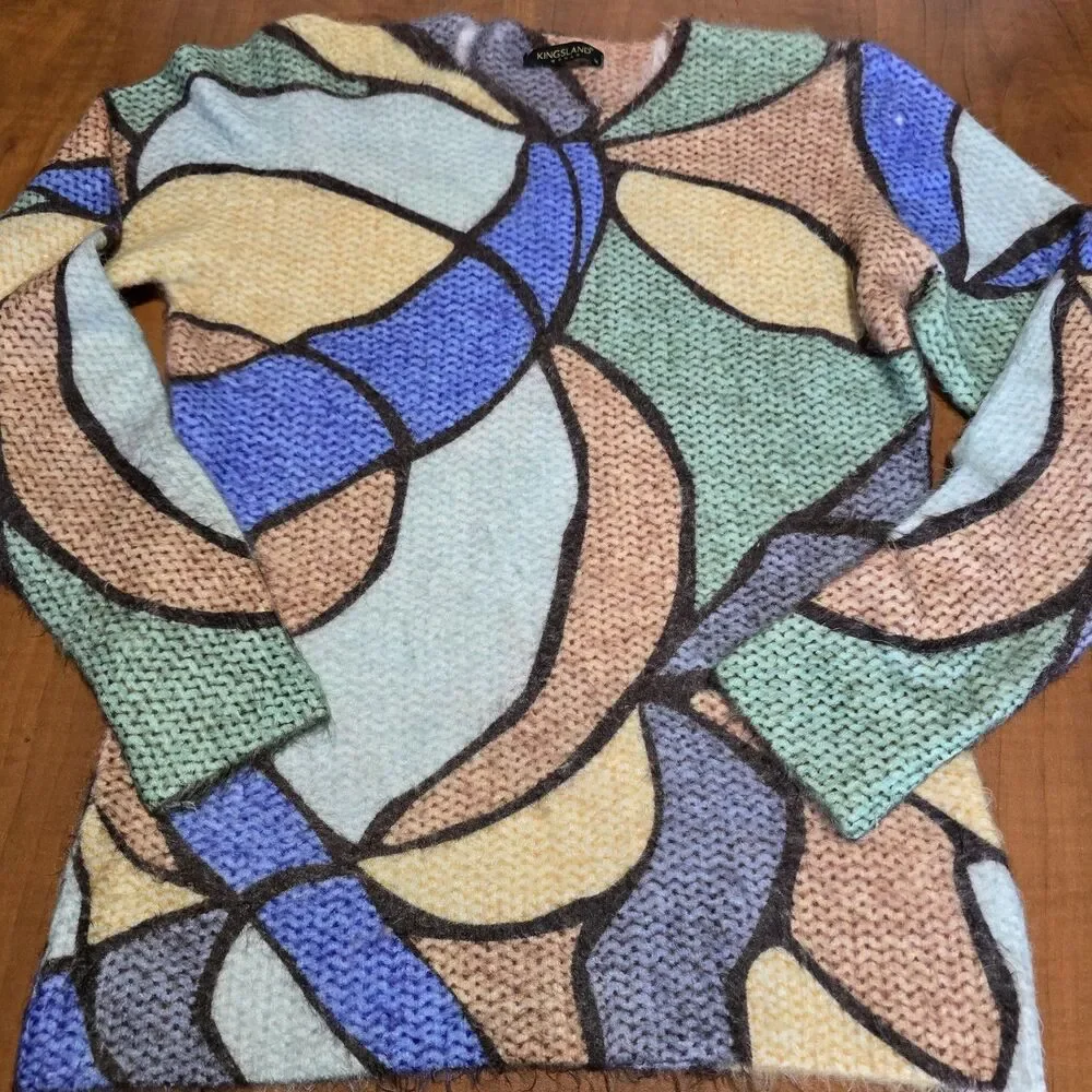 Kingsland Woman Vintage Angora Viscose Stained Glass Window Print Sweater M